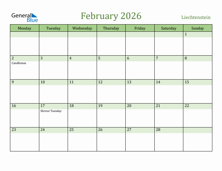 February 2026 Calendar with Liechtenstein Holidays