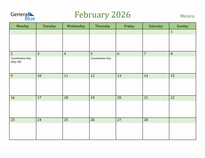 February 2026 Calendar with Mexico Holidays