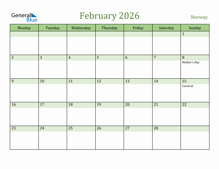 February 2026 Calendar with Norway Holidays