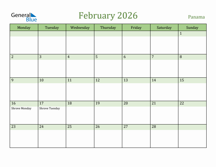 February 2026 Calendar with Panama Holidays