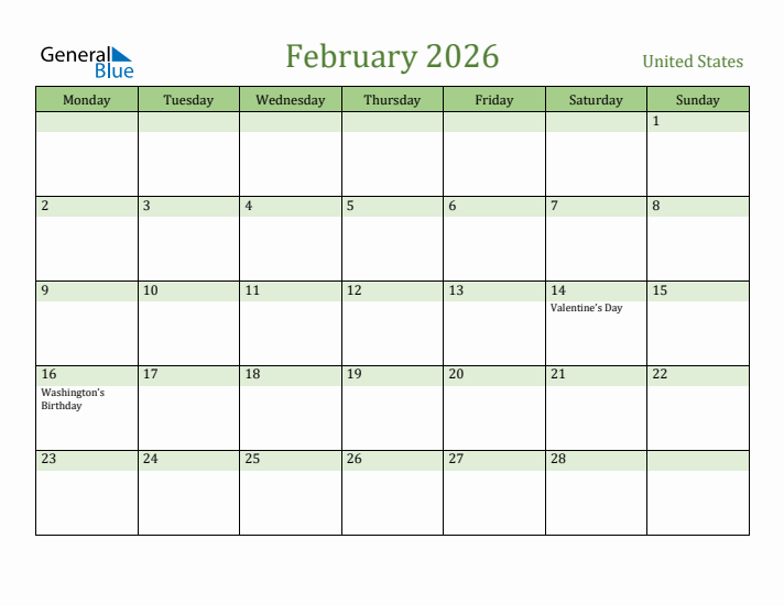 February 2026 Calendar with United States Holidays