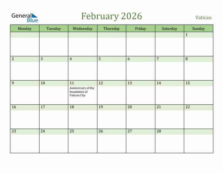 February 2026 Calendar with Vatican Holidays