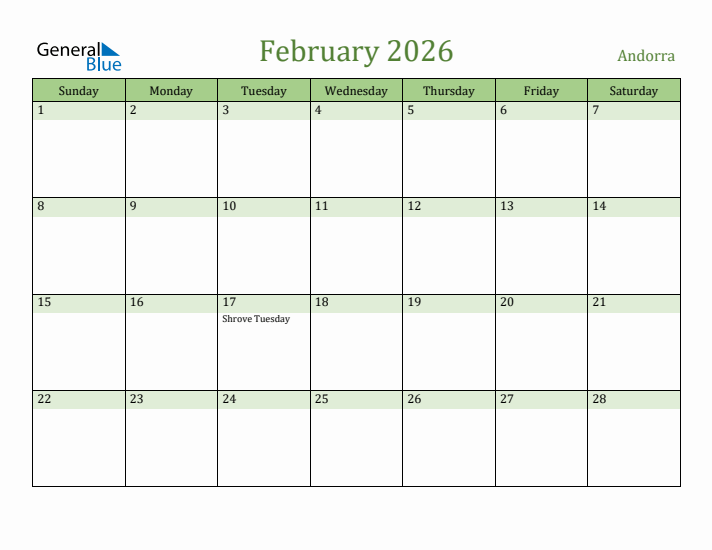 February 2026 Calendar with Andorra Holidays