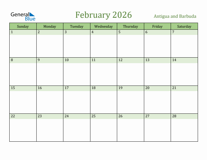 February 2026 Calendar with Antigua and Barbuda Holidays