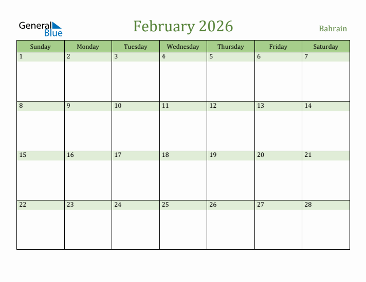 February 2026 Calendar with Bahrain Holidays