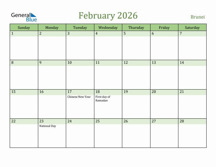 February 2026 Calendar with Brunei Holidays