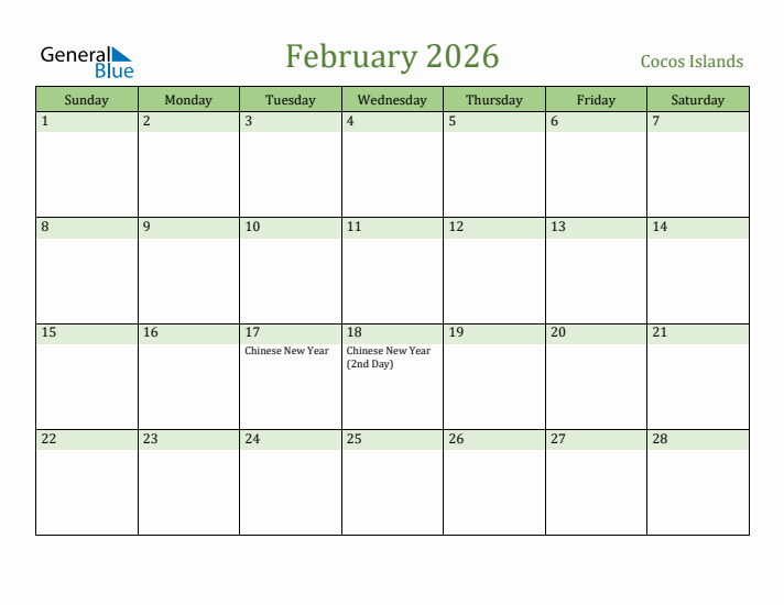 February 2026 Calendar with Cocos Islands Holidays