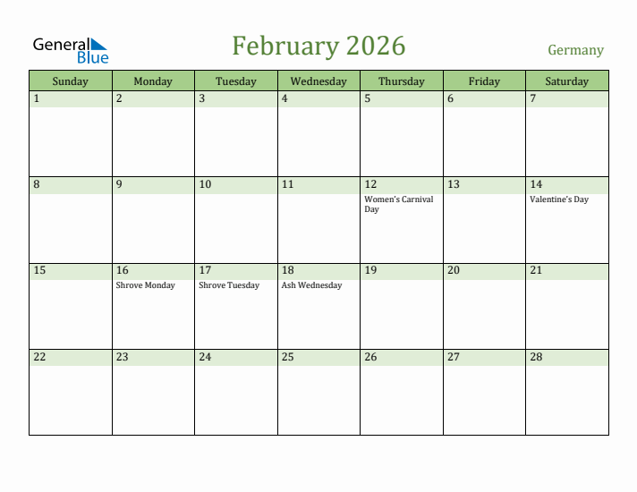 February 2026 Calendar with Germany Holidays