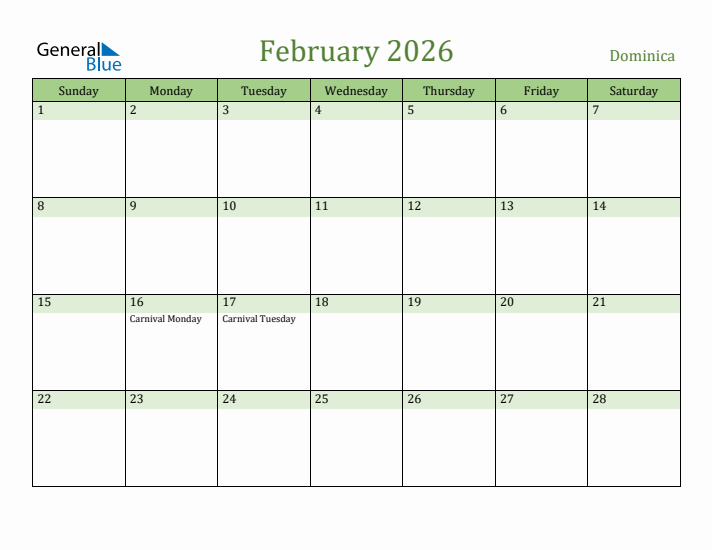 February 2026 Calendar with Dominica Holidays