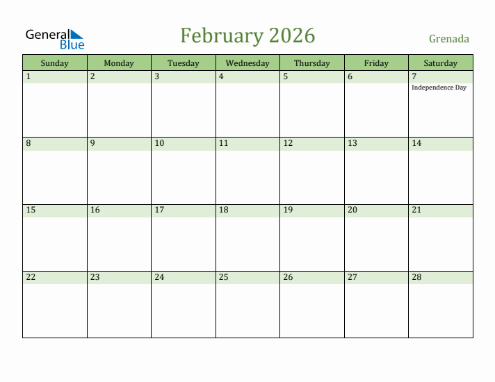 February 2026 Calendar with Grenada Holidays