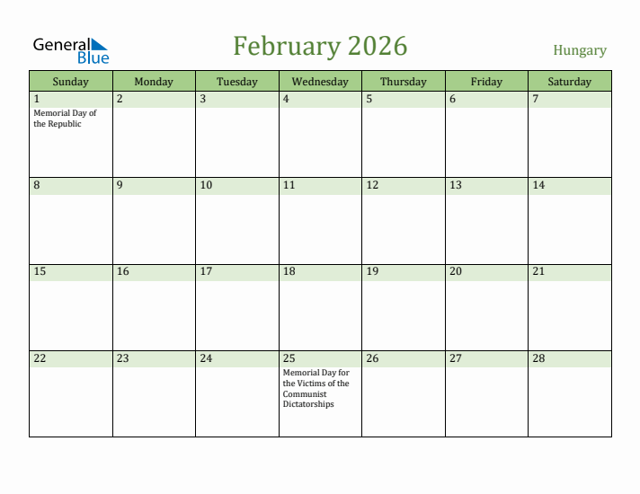 February 2026 Calendar with Hungary Holidays