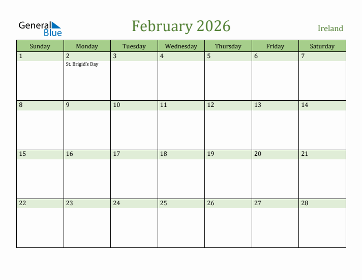 February 2026 Calendar with Ireland Holidays