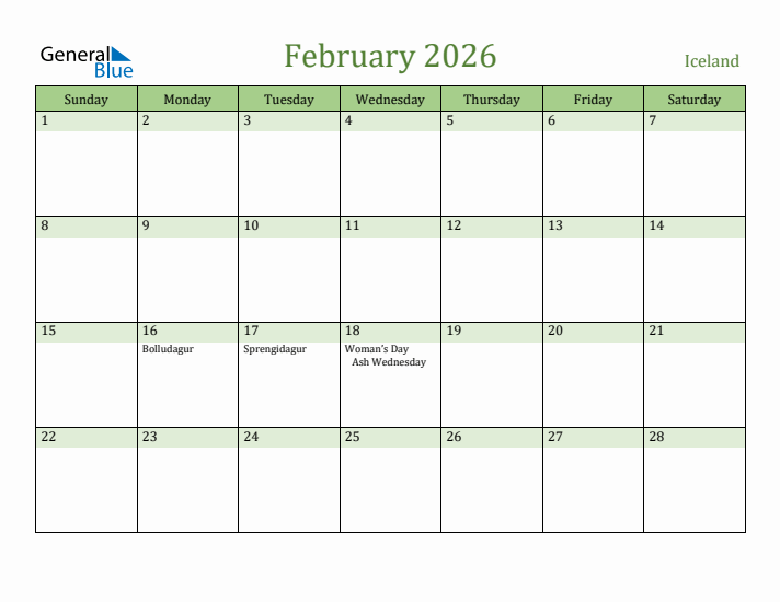 February 2026 Calendar with Iceland Holidays