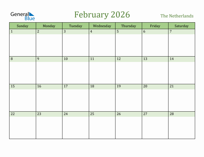 February 2026 Calendar with The Netherlands Holidays