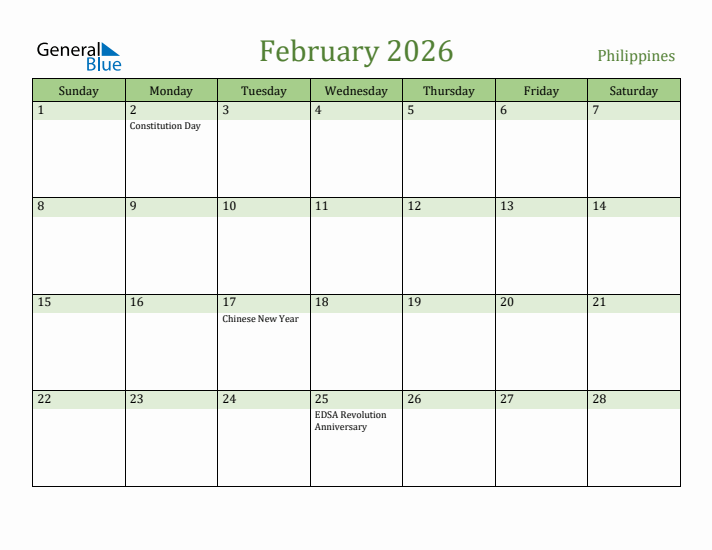 February 2026 Calendar with Philippines Holidays