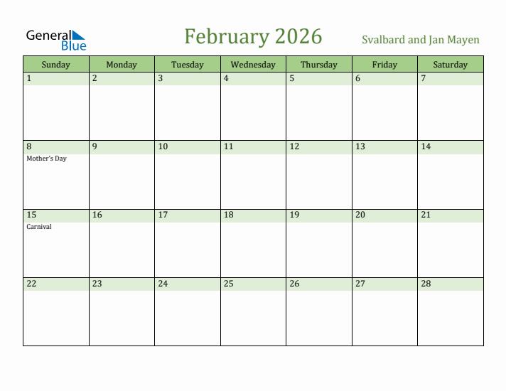 February 2026 Calendar with Svalbard and Jan Mayen Holidays