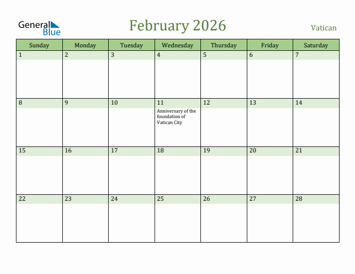 February 2026 Calendar with Vatican Holidays