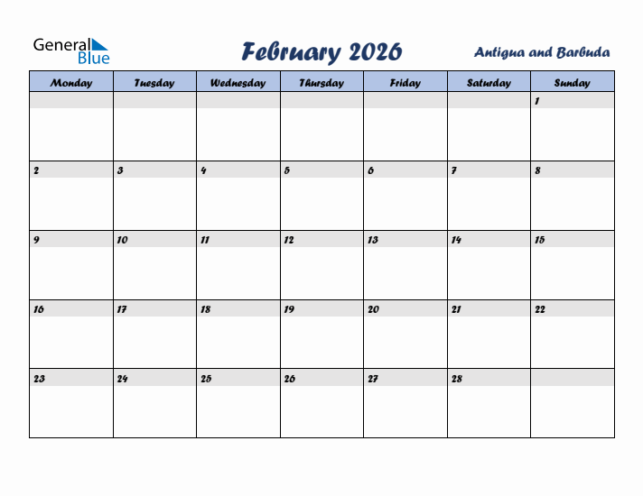 February 2026 Calendar with Holidays in Antigua and Barbuda