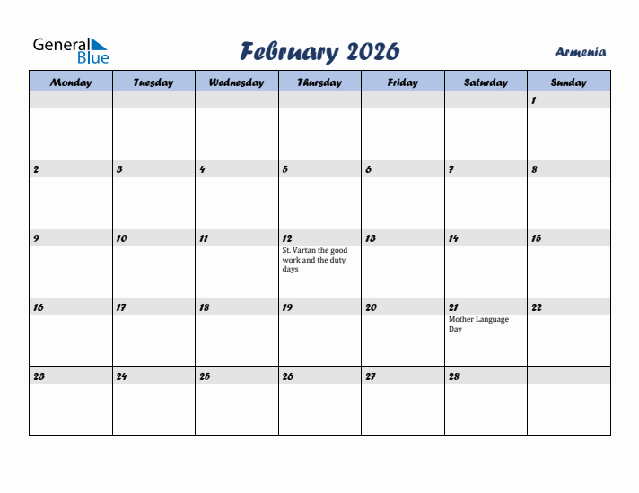 February 2026 Calendar with Holidays in Armenia