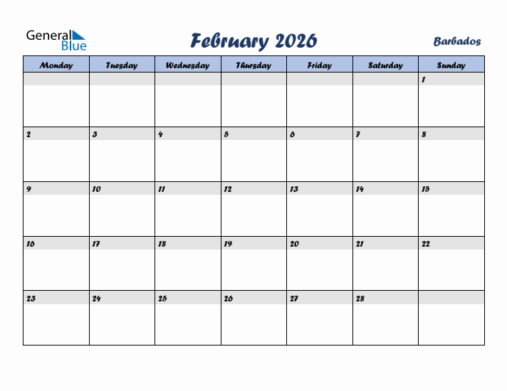 February 2026 Calendar with Holidays in Barbados