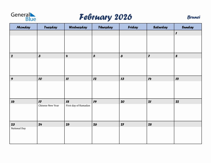 February 2026 Calendar with Holidays in Brunei