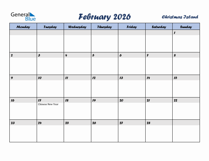 February 2026 Calendar with Holidays in Christmas Island