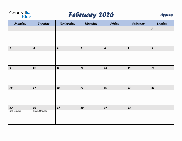 February 2026 Calendar with Holidays in Cyprus