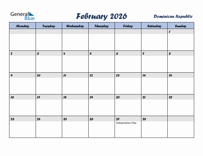 February 2026 Calendar with Holidays in Dominican Republic