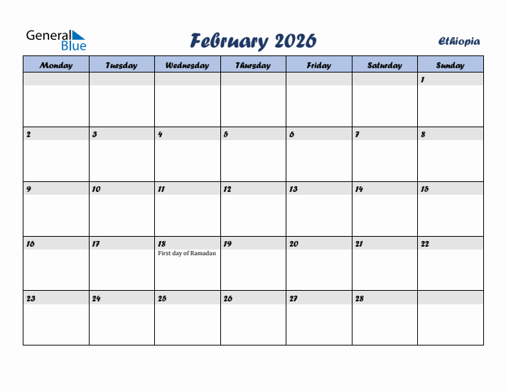 February 2026 Calendar with Holidays in Ethiopia