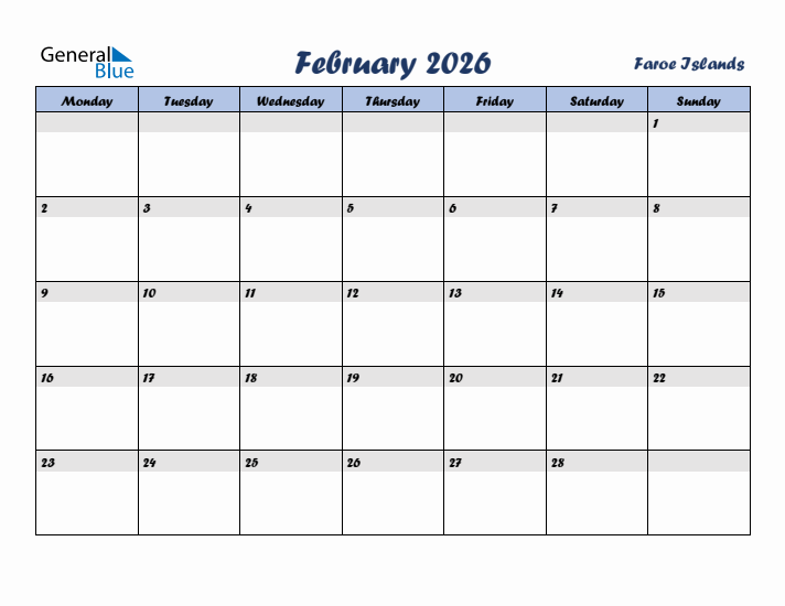 February 2026 Calendar with Holidays in Faroe Islands