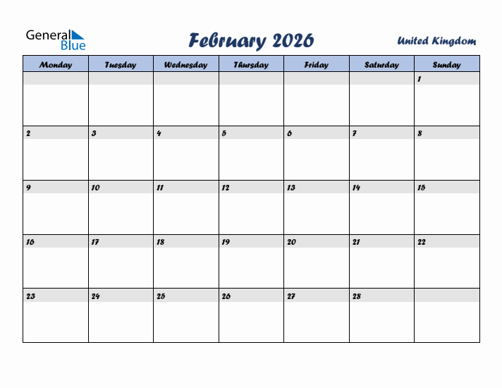 February 2026 Calendar with Holidays in United Kingdom