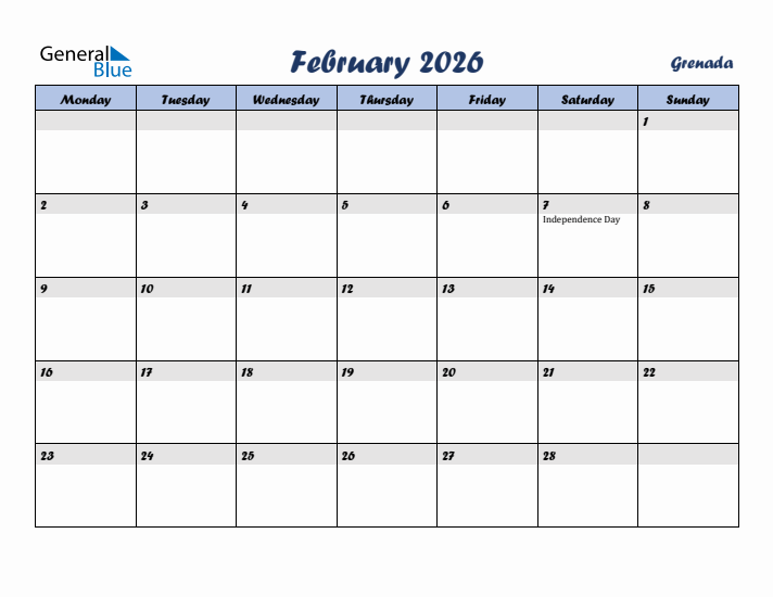 February 2026 Calendar with Holidays in Grenada