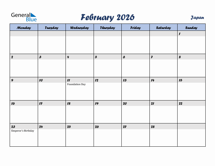 February 2026 Calendar with Holidays in Japan