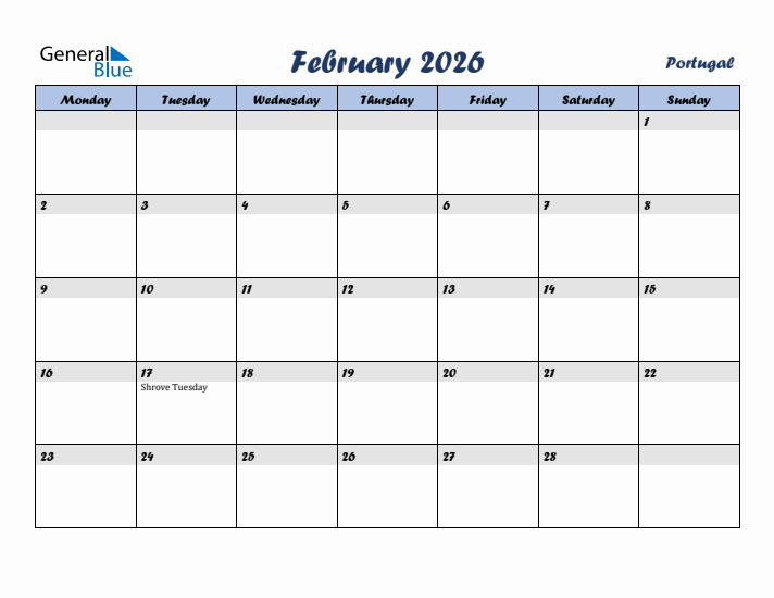 February 2026 Calendar with Holidays in Portugal