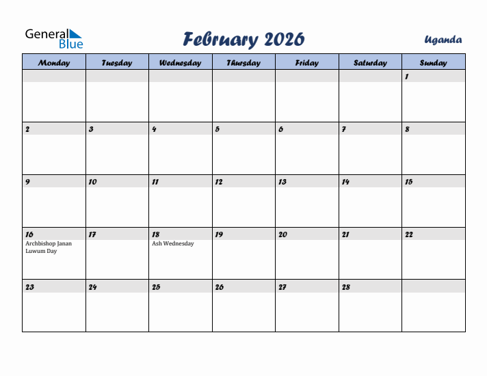 February 2026 Calendar with Holidays in Uganda