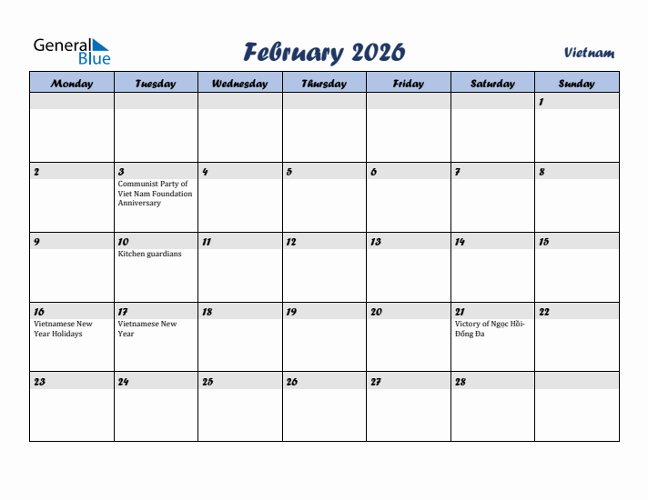 February 2026 Calendar with Holidays in Vietnam