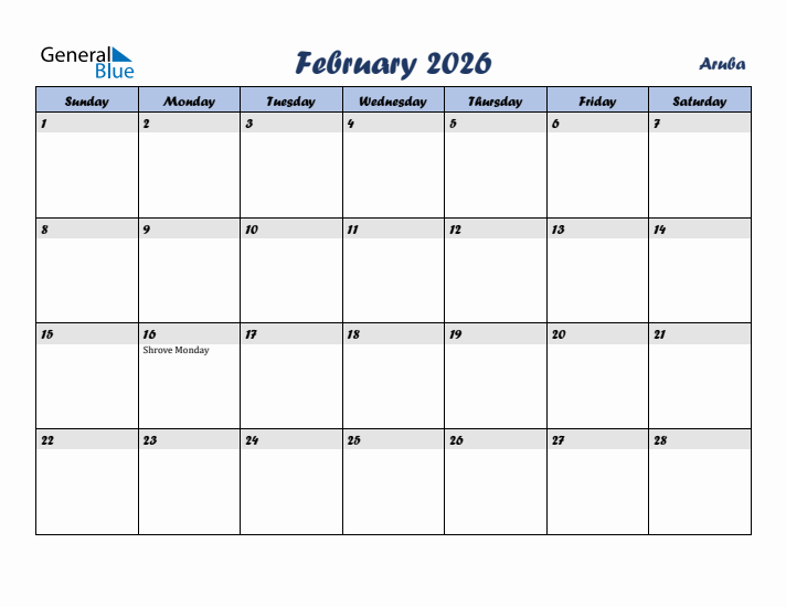 February 2026 Calendar with Holidays in Aruba