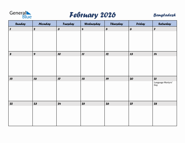 February 2026 Calendar with Holidays in Bangladesh