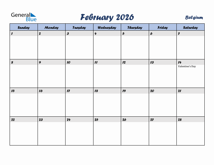 February 2026 Calendar with Holidays in Belgium