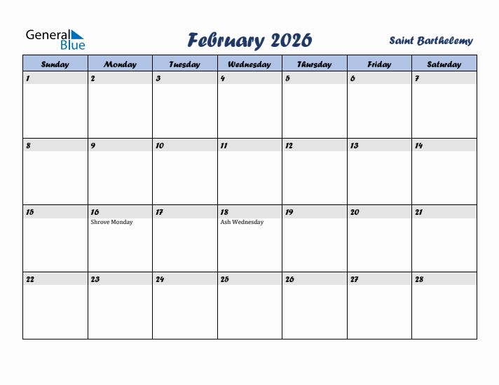 February 2026 Calendar with Holidays in Saint Barthelemy