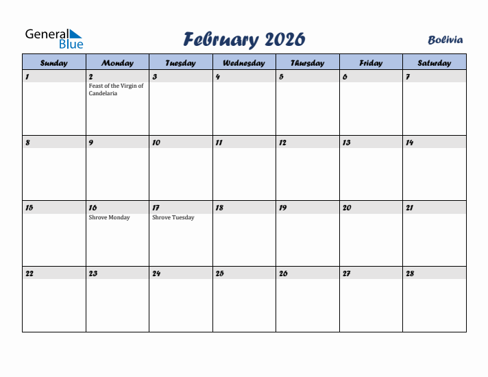 February 2026 Calendar with Holidays in Bolivia