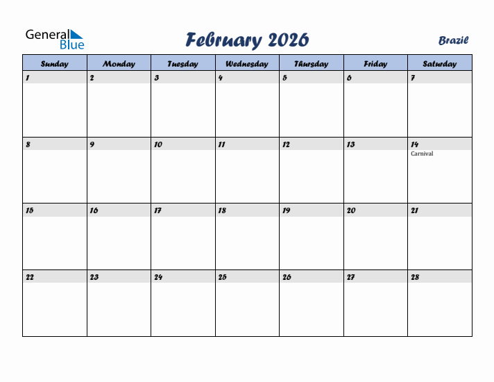 February 2026 Calendar with Holidays in Brazil