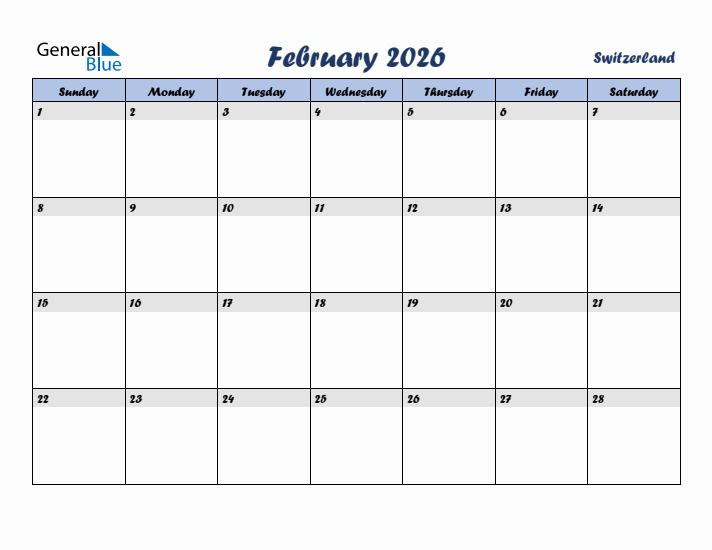 February 2026 Calendar with Holidays in Switzerland