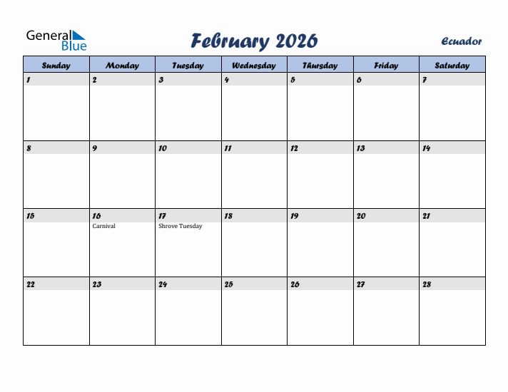 February 2026 Calendar with Holidays in Ecuador