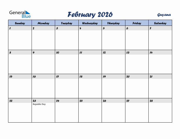 February 2026 Calendar with Holidays in Guyana