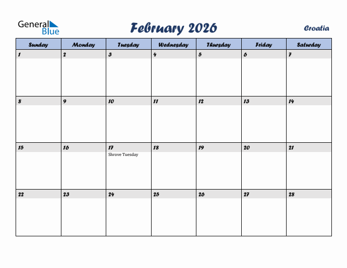 February 2026 Calendar with Holidays in Croatia