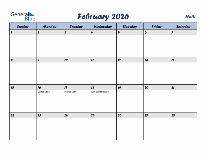 February 2026 Calendar with Holidays in Haiti