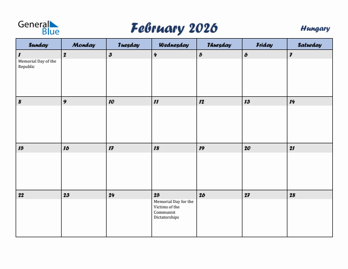 February 2026 Calendar with Holidays in Hungary