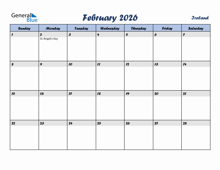 February 2026 Calendar with Holidays in Ireland