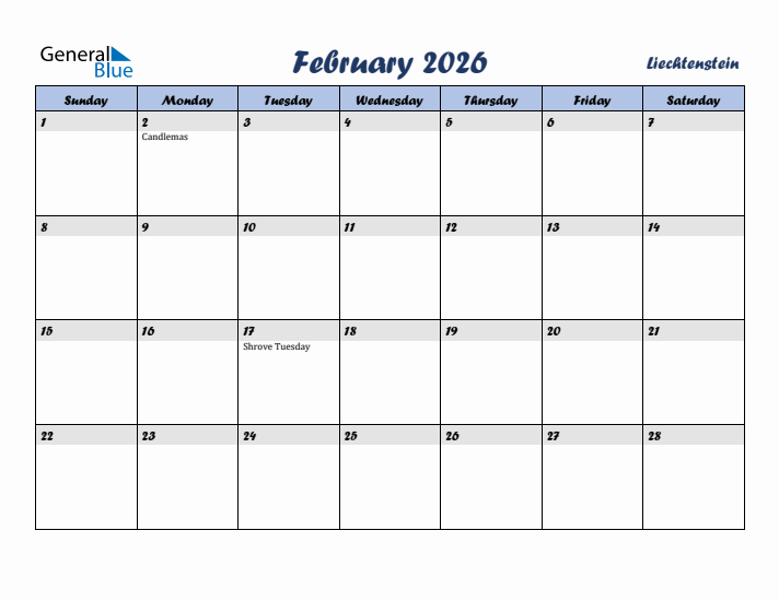 February 2026 Calendar with Holidays in Liechtenstein